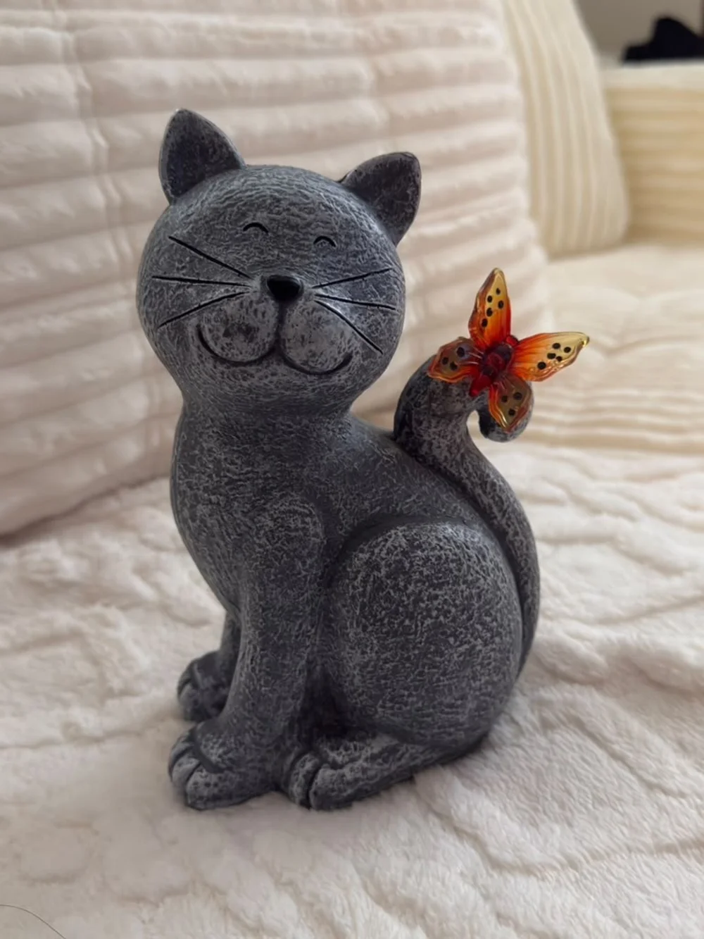 Gray Cat Solar Figurine with Butterfly Accent - Decorative Pet Statue